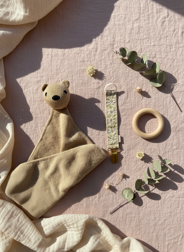 Flatlay met Pacifier clip Julie